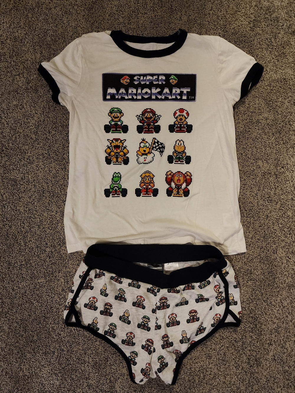 Mario Kart White & Black Ringer Tee with Pixel Character Print Size M